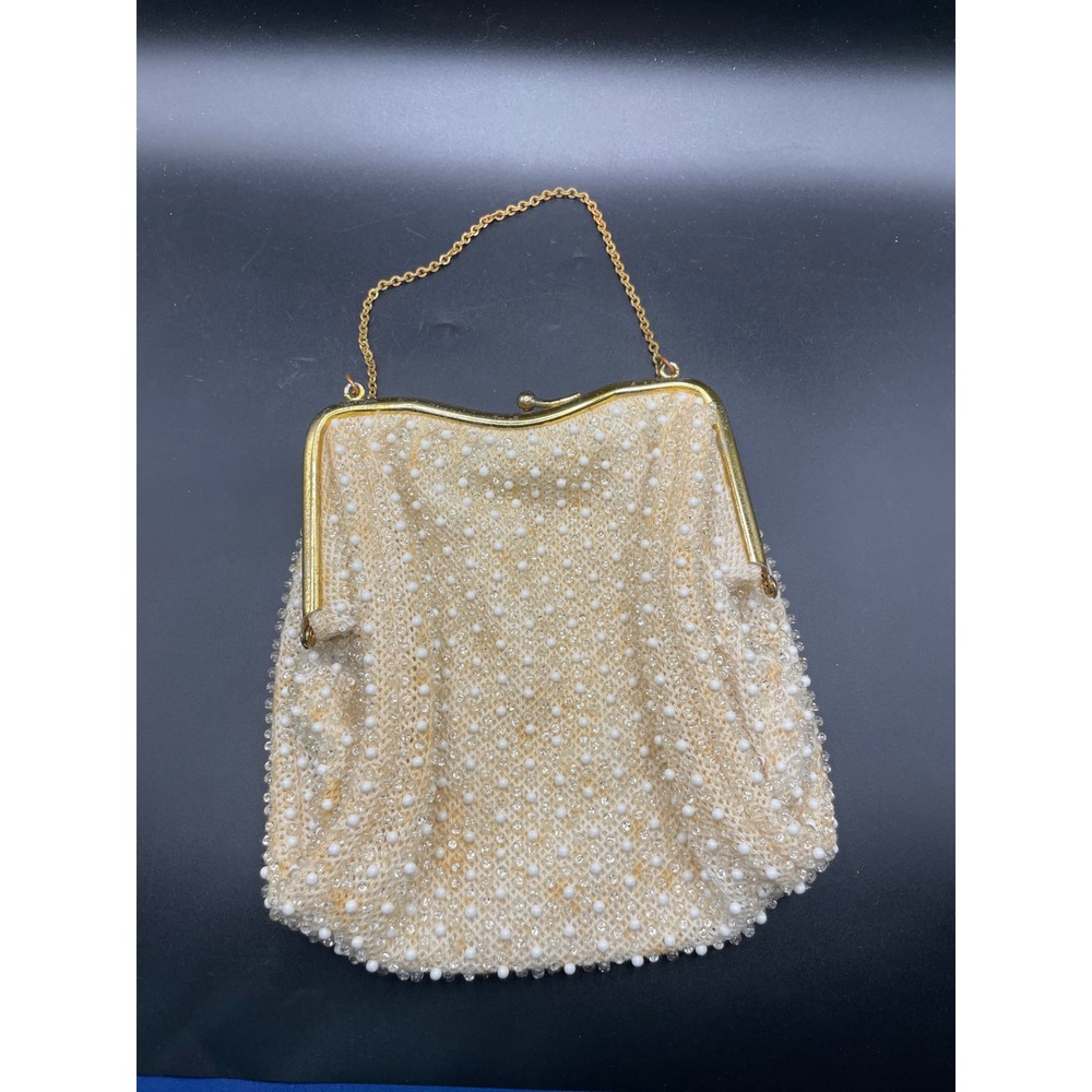 Vintage Beaded Evening Bag Faux Pearl Gold Tone Kiss Lock Chain Strap Cream